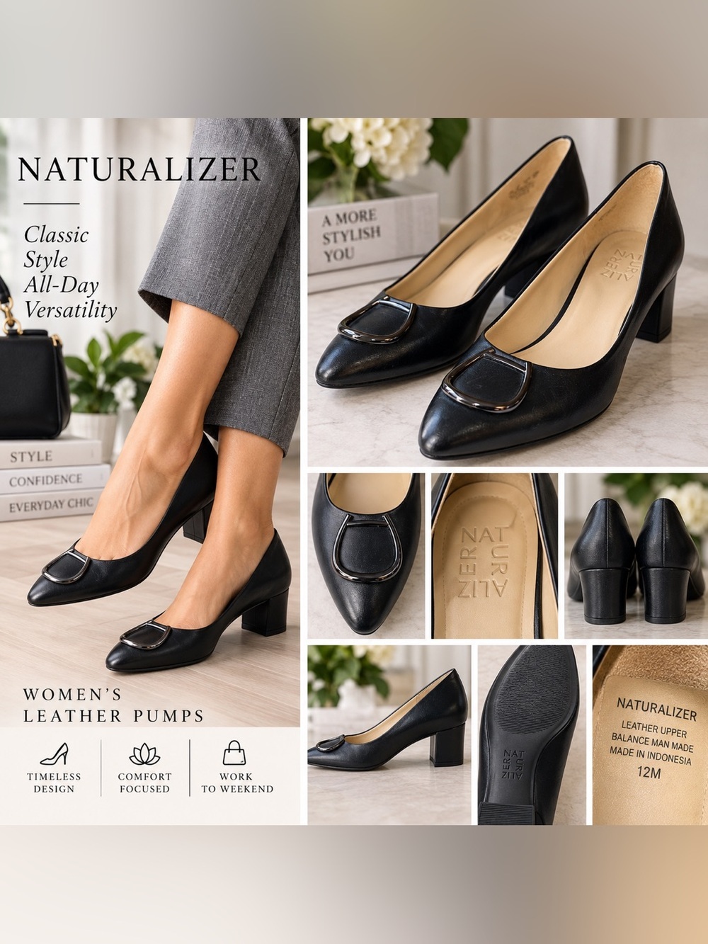 Naturalizer Black Leather Buckle Block Heel Pumps